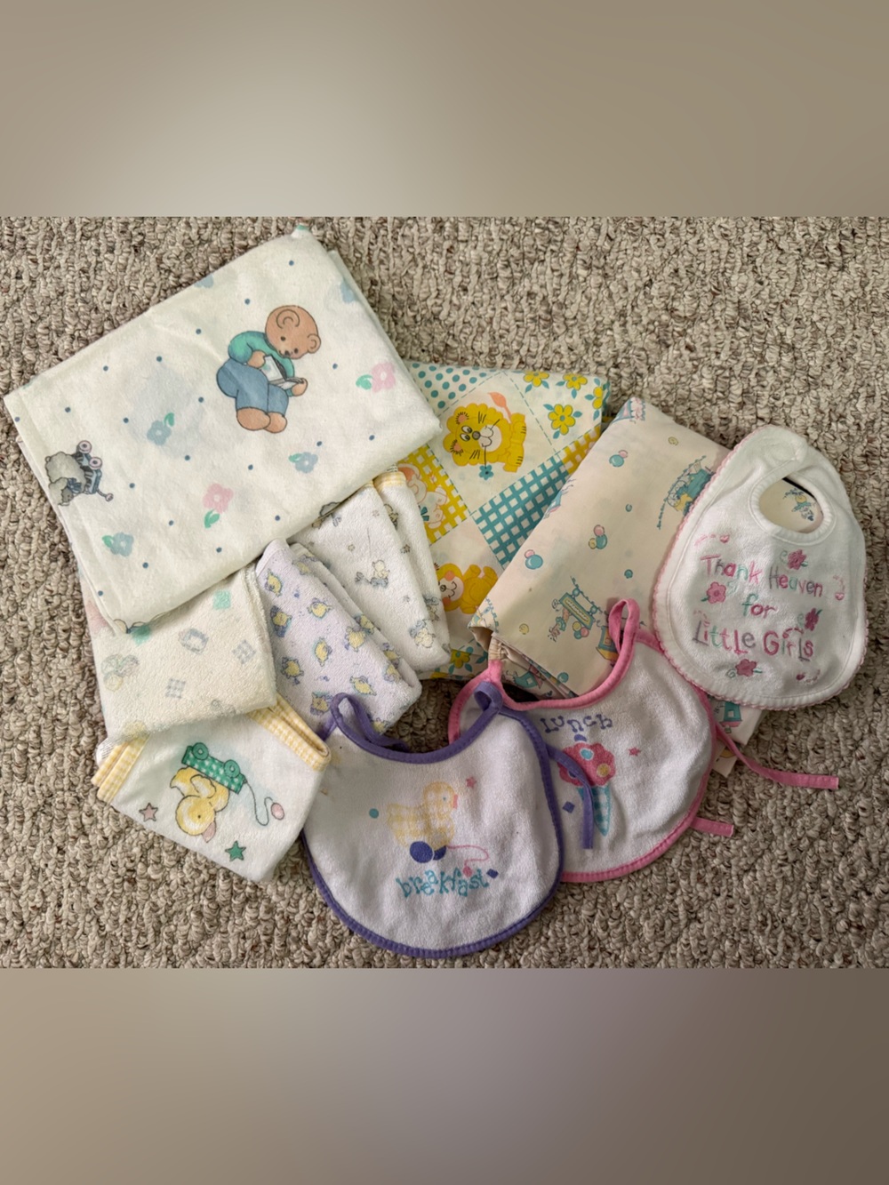 Vintage Assorted Baby Bibs, Burp Cloths, sheets- White, Purple, Pink